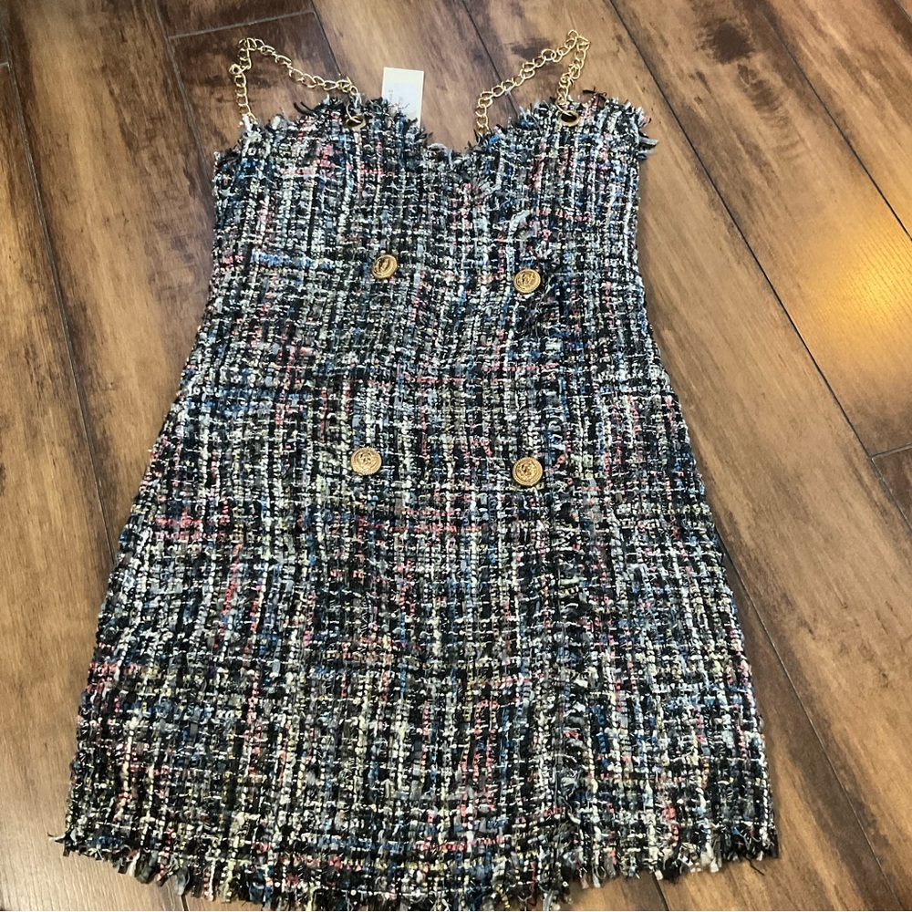 Donnee Par Dieu Minely Tweed Chain Mini Dress